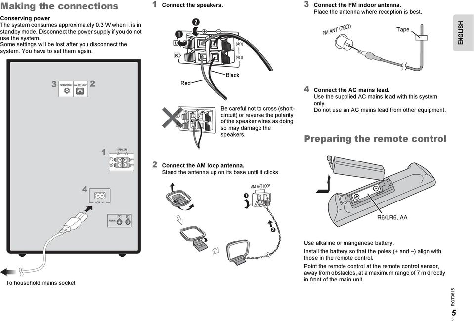 Place the antenna where reception is best. Tape ENGLISH 3 2 1 Red Black Be careful not to cross (shortcircuit) or reverse the polarity of the speaker wires as doing so may damage the speakers.