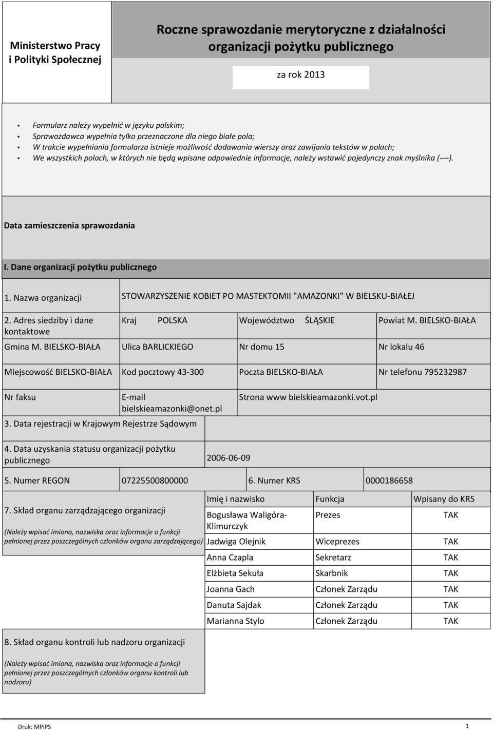 odpowiednie informacje, należy wstawić pojedynczy znak myślnika (-- ). Data zamieszczenia sprawozdania I. Dane organizacji pożytku publicznego 1. Nazwa organizacji 2.