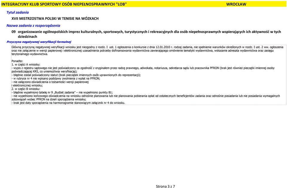 1 ogłoszenia o konkursie z dnia 12.01.2010 r. rodzaj zadania, nie spełnienie warunków określonych w rozdz. I ust. 2 ww.