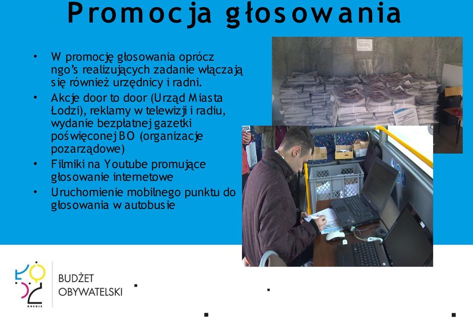 Akcje door to door (Urząd M iasta Łodzi), reklamy w telewizji i radiu, wydanie bezpłatnej