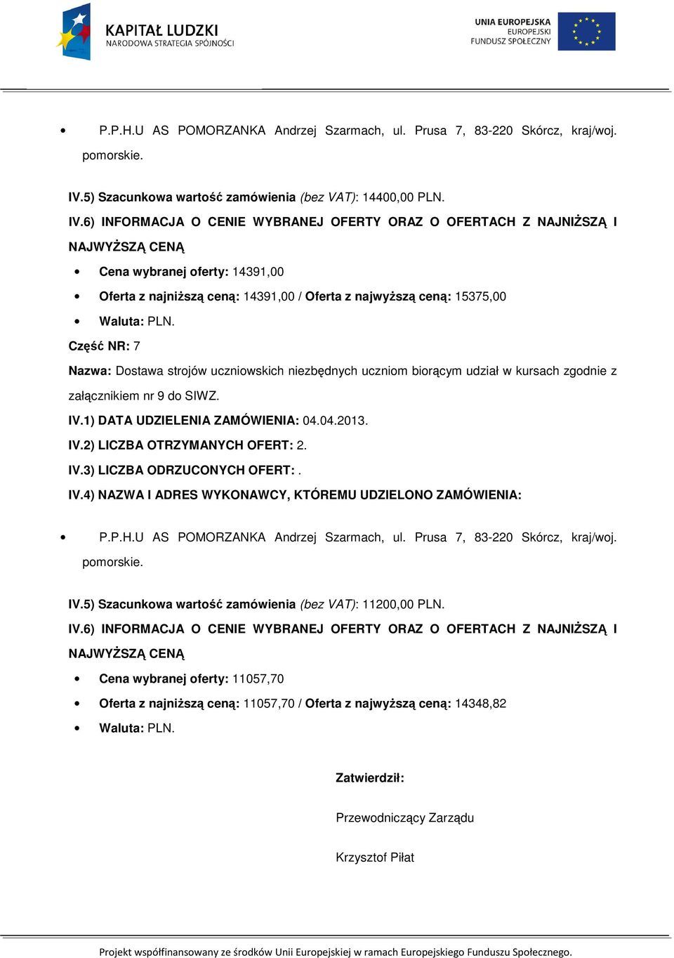 Dostawa strojów uczniowskich niezbędnych uczniom biorącym udział w kursach zgodnie z załącznikiem nr 9 do SIWZ. IV.