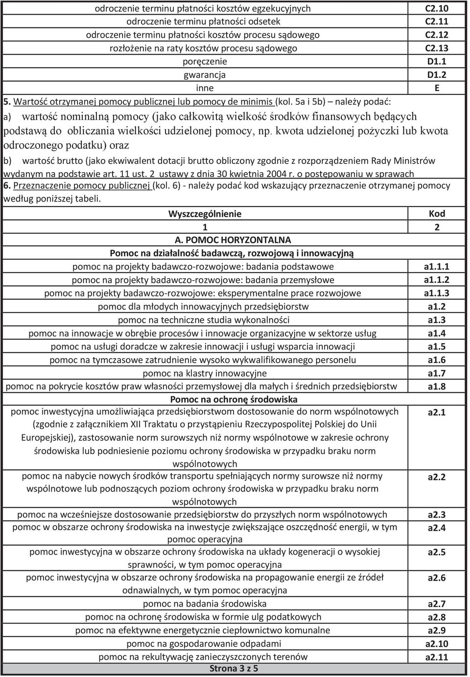 5a i 5b) należy podać: a) wartość nominalną pomocy (jako całkowitą wielkość środków finansowych będących podstawą do obliczania wielkości udzielonej pomocy, np.