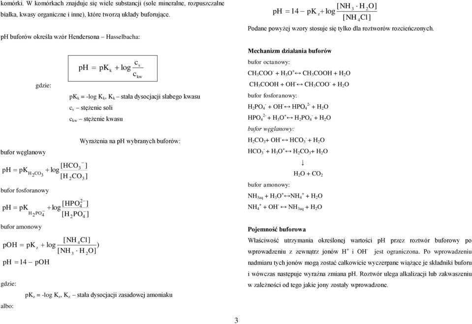 stała dysocjacji słabego kwasu c s stężenie soli c kw stężenie kwasu s kw Wyrażenia na p wybranych buforów: [ PO log [ PO ] ] [ N Cl] log ) [ N O] pk z = -log K z, K z stała dysocjacji zasadowej