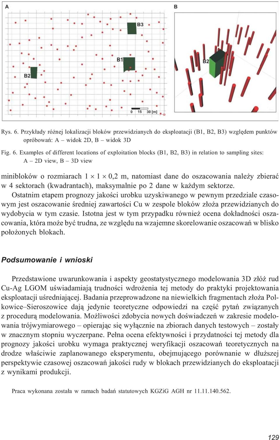 Examples of different locations of exploitation blocks (B1, B2, B3) in relation to sampling sites: A 2D view, B 3D view minibloków o rozmiarach 1 1 0,2 m, natomiast dane do oszacowania nale y zbieraæ