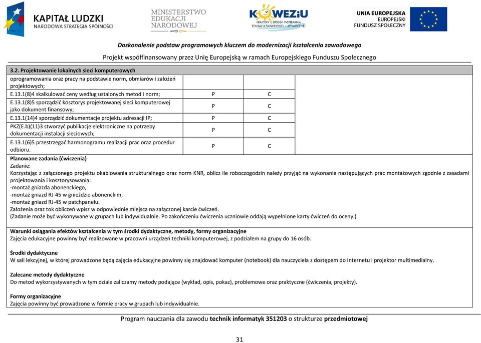 1(8)4 skalkulować ceny według ustalonych metod i norm; E.13.1(8)5 sporządzić kosztorys projektowanej sieci komputerowej jako dokument finansowy; E.13.1(14)4 sporządzić dokumentacje projektu adresacji I; KZ(E.