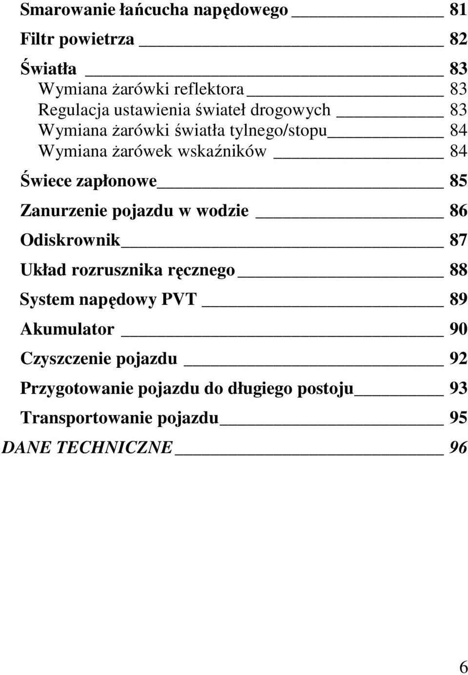 zapłonowe 85 Zanurzenie pojazdu w wodzie 86 Odiskrownik 87 Układ rozrusznika ręcznego 88 System napędowy PVT 89