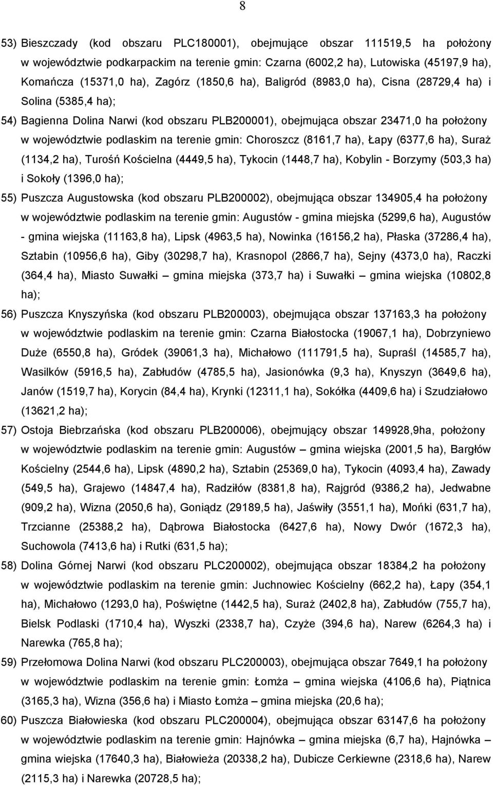 terenie gmin: Choroszcz (8161,7 ha), Łapy (6377,6 ha), Suraż (1134,2 ha), Turośń Kościelna (4449,5 ha), Tykocin (1448,7 ha), Kobylin - Borzymy (503,3 ha) i Sokoły (1396,0 ha); 55) Puszcza Augustowska