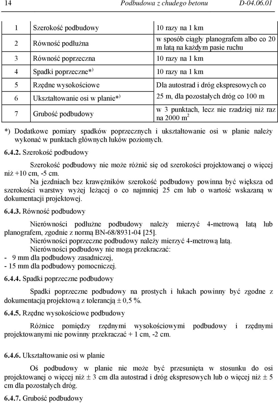 ruchu 5 Rzędne wysokościowe Dla autostrad i dróg ekspresowych co 6 Ukształtowanie osi w planie* ) 25 m, dla pozostałych dróg co 100 m 7 Grubość podbudowy w 3 punktach, lecz nie rzadziej niż raz na