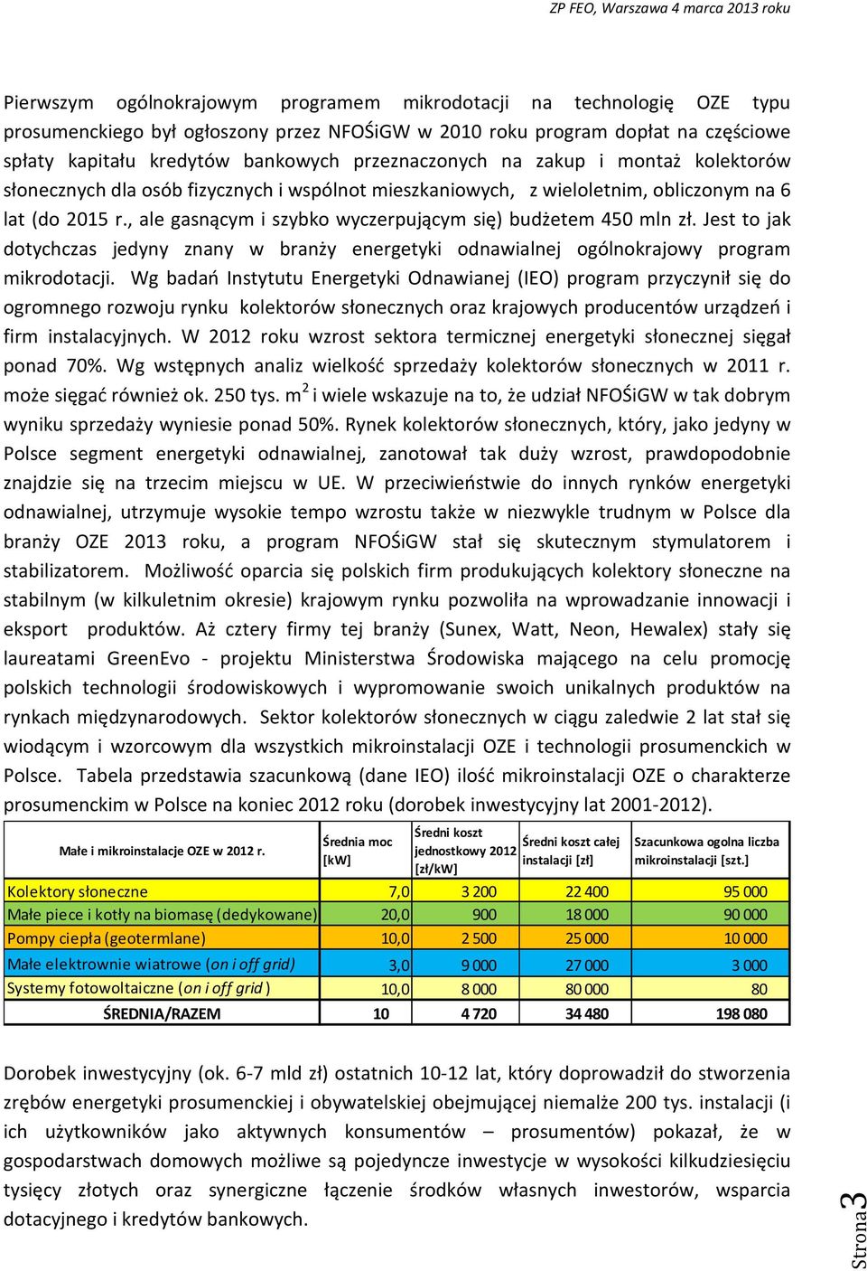 , ale gasnącym i szybko wyczerpującym się) budżetem 450 mln zł. Jest to jak dotychczas jedyny znany w branży energetyki odnawialnej ogólnokrajowy program mikrodotacji.