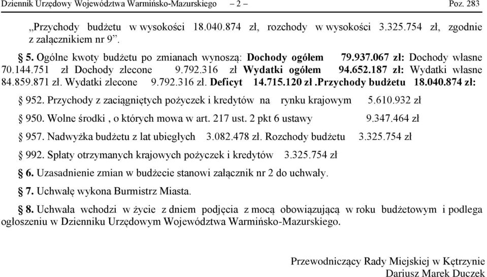 Wydatki zlecone 9.792.316 zł. Deficyt 14.715.12 zł.przychody budżetu 18.4.874 zł: 952. Przychody z zaciągniętych pożyczek i kredytów na rynku krajowym 5.61.932 zł 95.