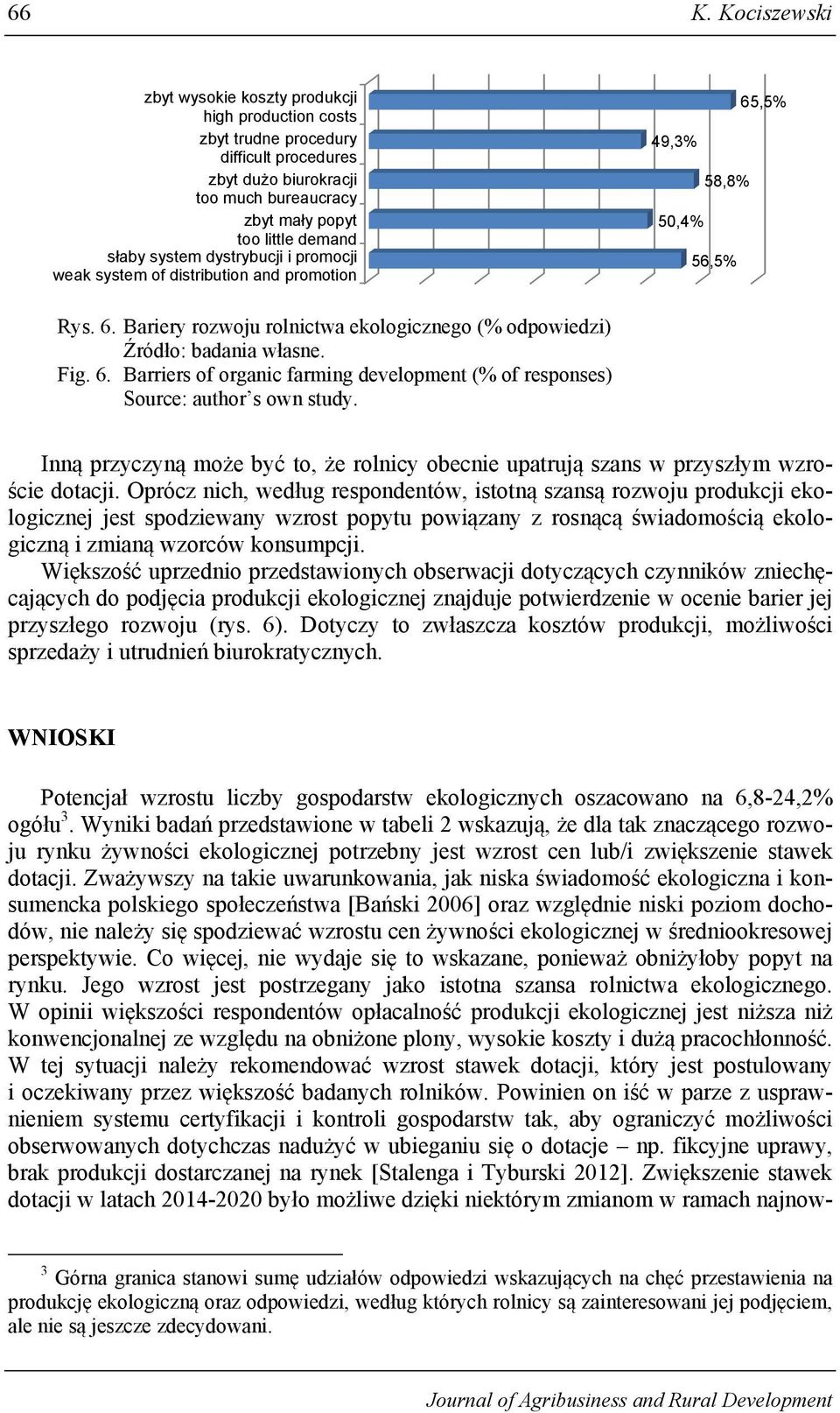 ,5% 49,3% 58,8% 50,4% 56,5% Rys. 6. Bariery rozwoju rolnictwa ekologicznego (% odpowiedzi) Fig. 6. Barriers of organic farming development (% of responses) Inną przyczyną może być to, że rolnicy obecnie upatrują szans w przyszłym wzroście dotacji.