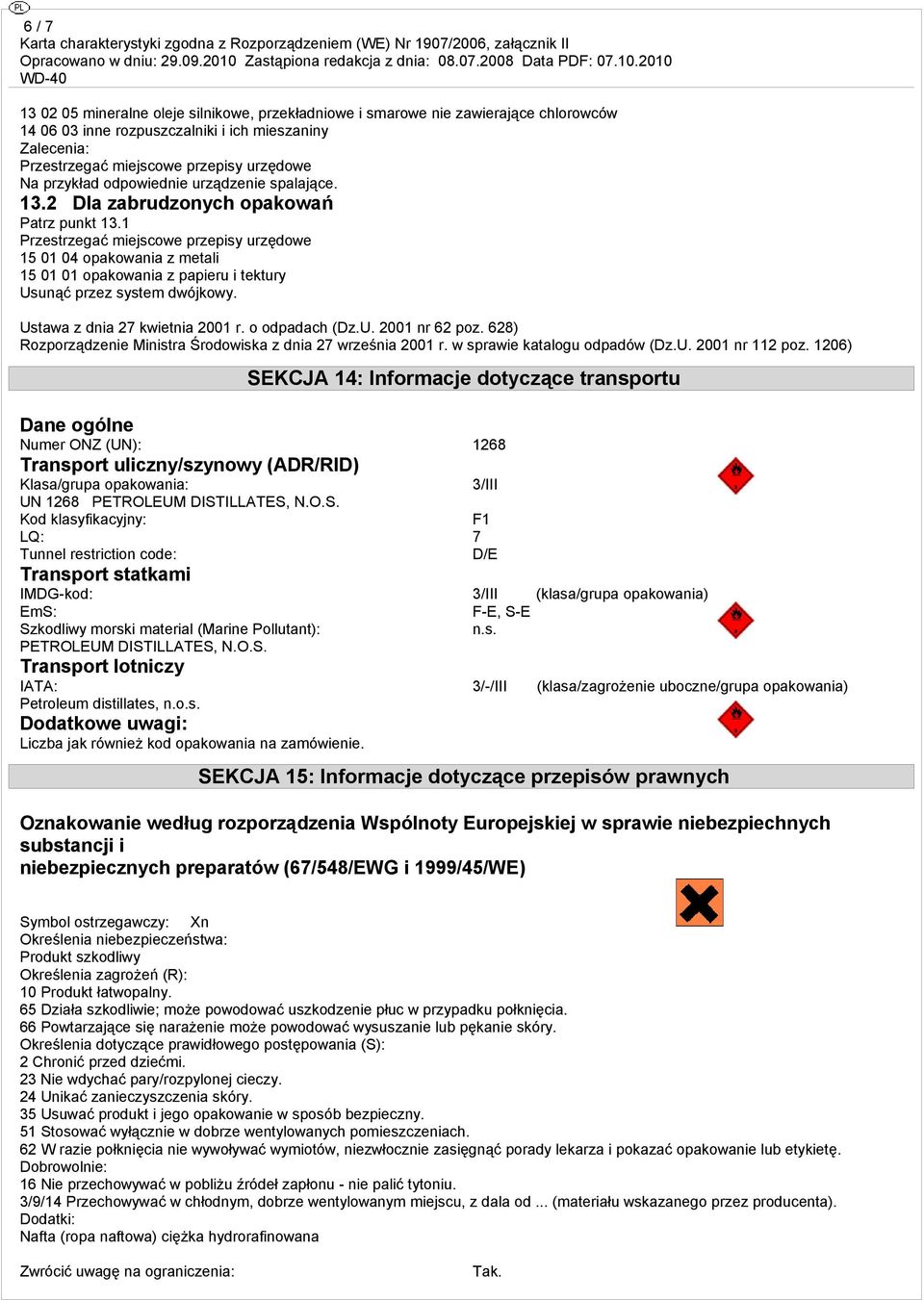 1 Przestrzegać miejscowe przepisy urzędowe 15 01 04 opakowania z metali 15 01 01 opakowania z papieru i tektury Usunąć przez system dwójkowy. Ustawa z dnia 27 kwietnia 2001 r. o odpadach (Dz.U. 2001 nr 62 poz.