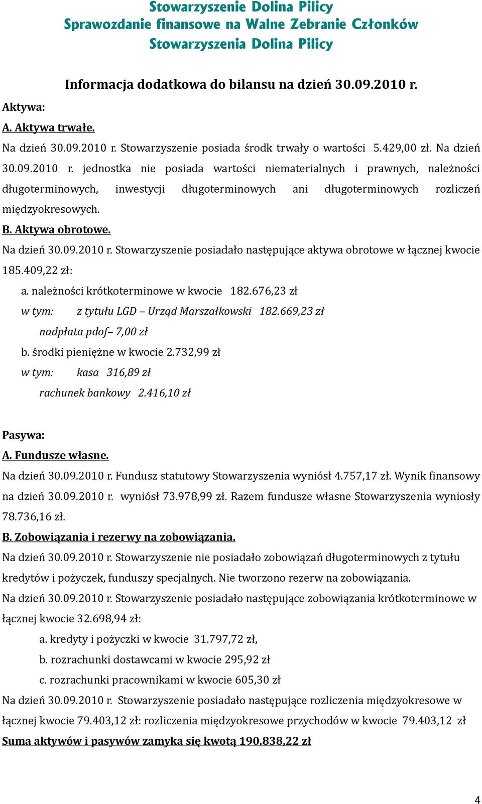 Stowarzyszenie posiada środk trwały o wartości 5.429,00 zł. Na dzień 30.09.2010 r.