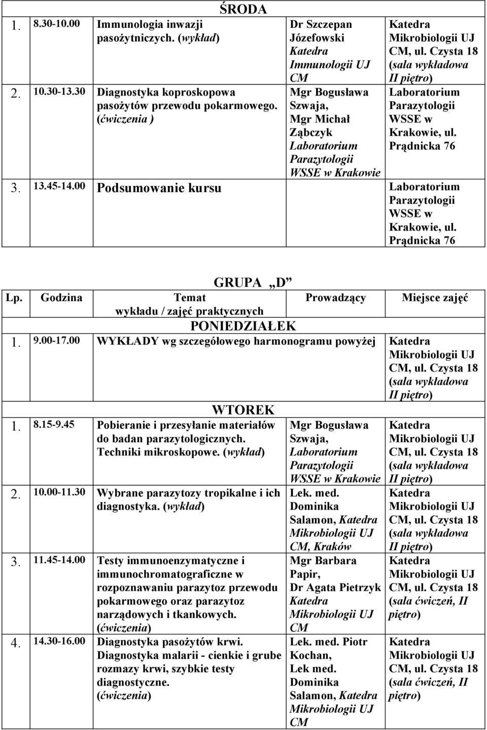 Techniki mikroskopowe. (wykład) 2. 10.00-11.30 Wybrane parazytozy tropikalne i ich 3. 11.45-14.00 Testy immunoenzymatyczne i 4. 14.30-16.