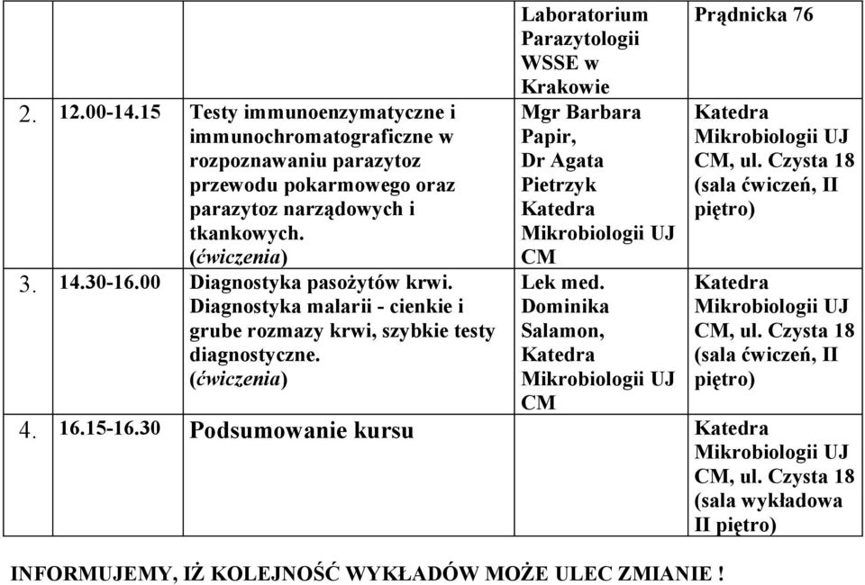 parazytoz narządowych i tkankowych. 3. 14.30-16.00 Diagnostyka pasożytów krwi.