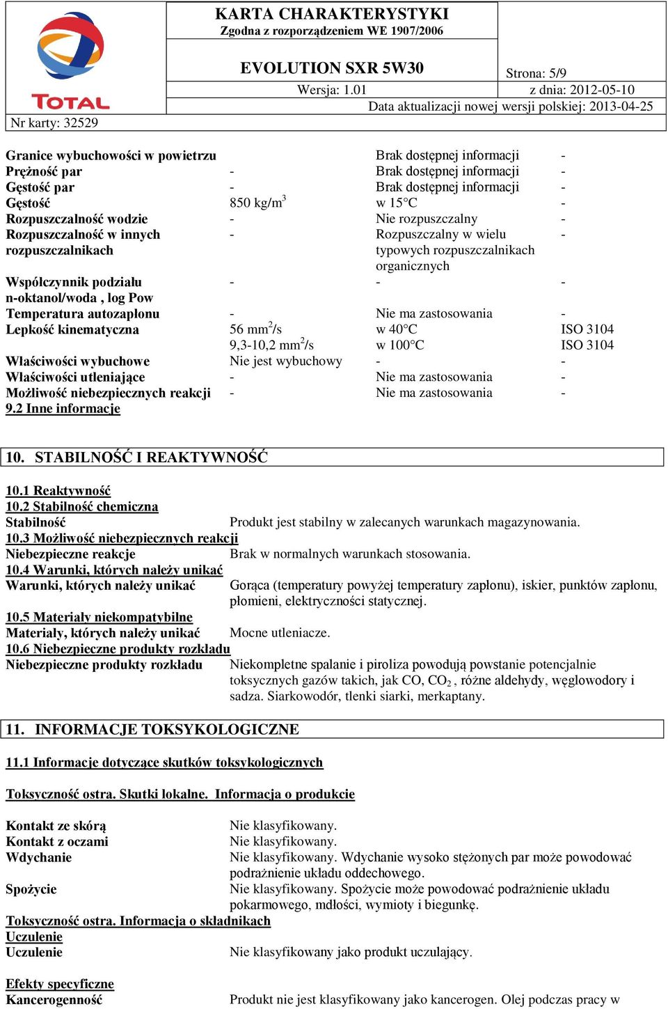 n-oktanol/woda, log Pow Temperatura autozapłonu - Nie ma zastosowania - Lepkość kinematyczna 56 mm 2 /s 9,3-10,2 mm 2 /s w 40 C w 100 C Właściwości wybuchowe Nie jest wybuchowy - - Właściwości