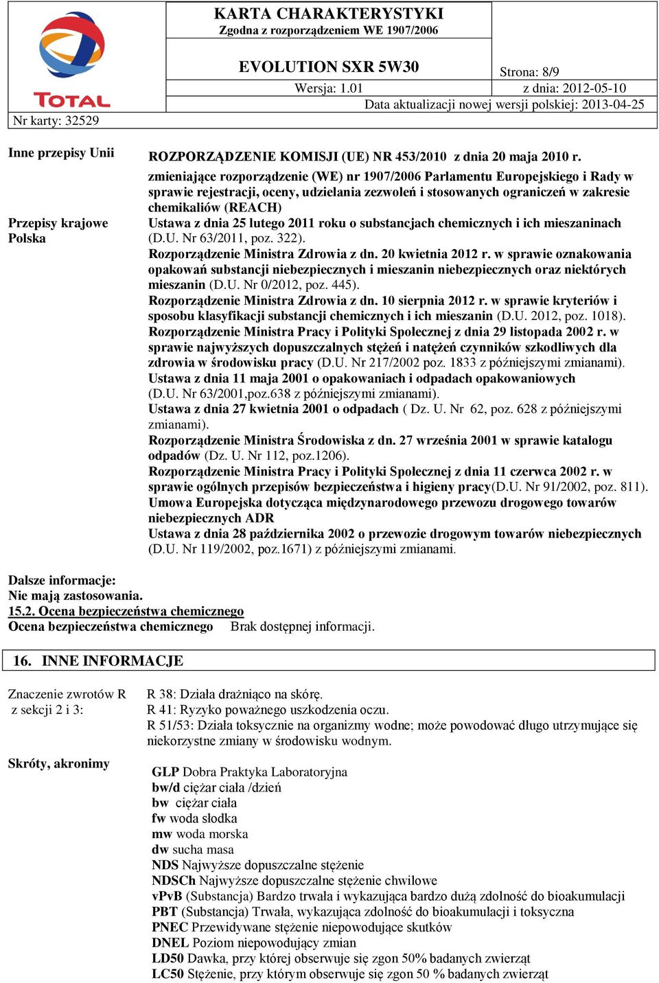 (REACH) Ustawa z dnia 25 lutego 2011 roku o substancjach chemicznych i ich mieszaninach (D.U. Nr 63/2011, poz. 322). Rozporządzenie Ministra Zdrowia z dn. 20 kwietnia 2012 r.