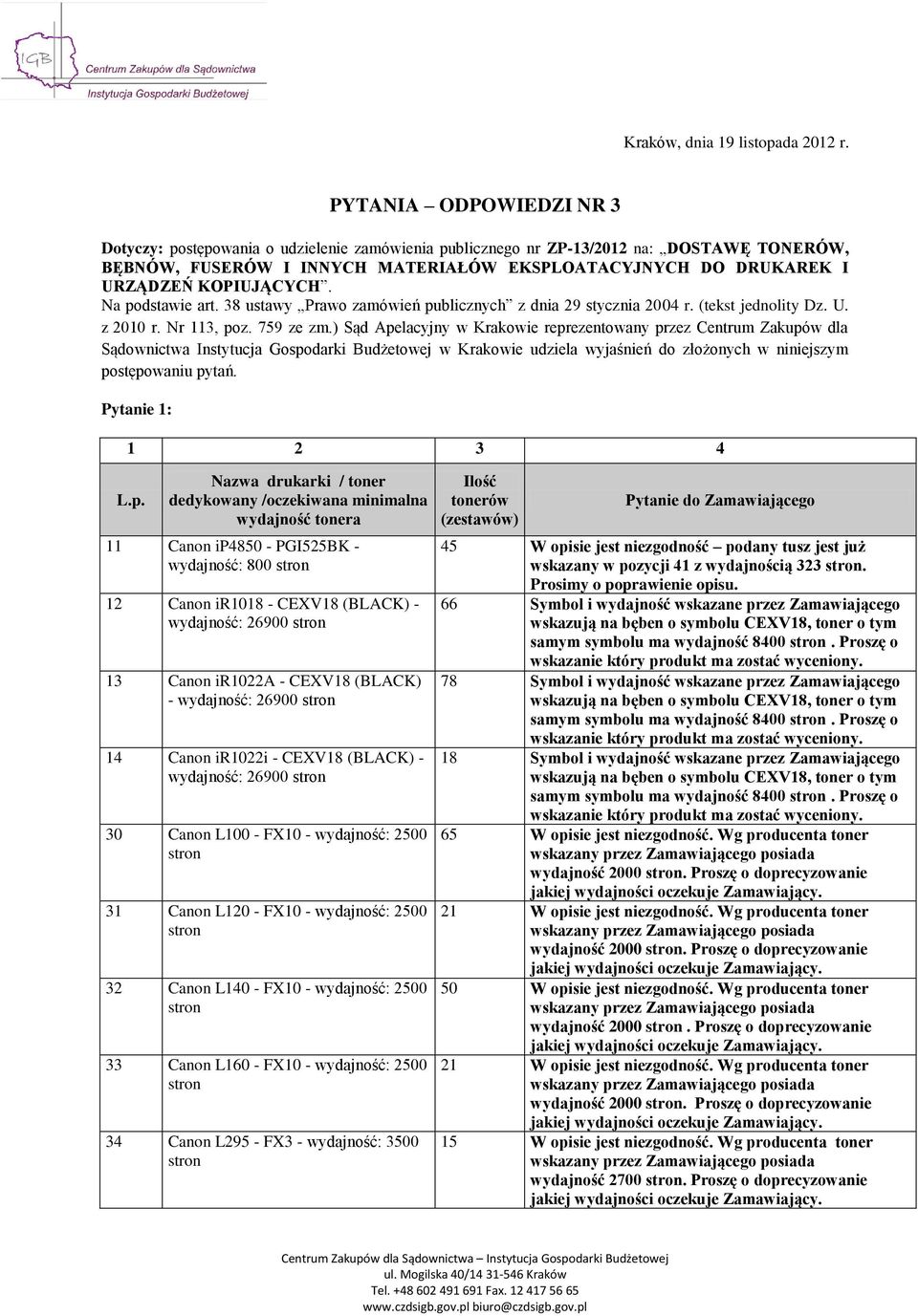 KOPIUJĄCYCH. Na podstawie art. 38 ustawy Prawo zamówień publicznych z dnia 29 stycznia 2004 r. (tekst jednolity Dz. U. z 2010 r. Nr 113, poz. 759 ze zm.