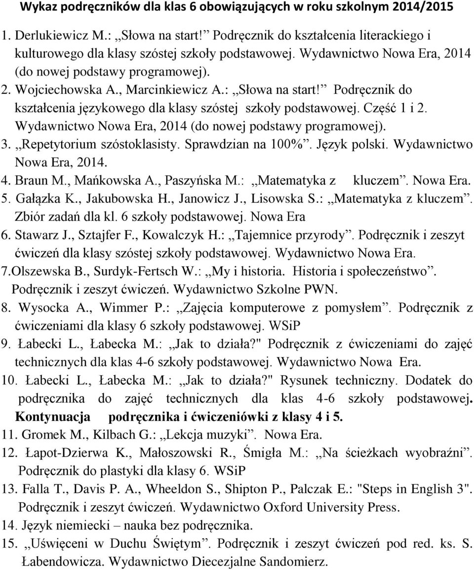 Repetytorium szóstoklasisty. Sprawdzian na 100%. Język polski. Wydawnictwo Nowa Era, 2014. 4. Braun M., Mańkowska A., Paszyńska M.: Matematyka z kluczem. Nowa Era. 5. Gałązka K., Jakubowska H.