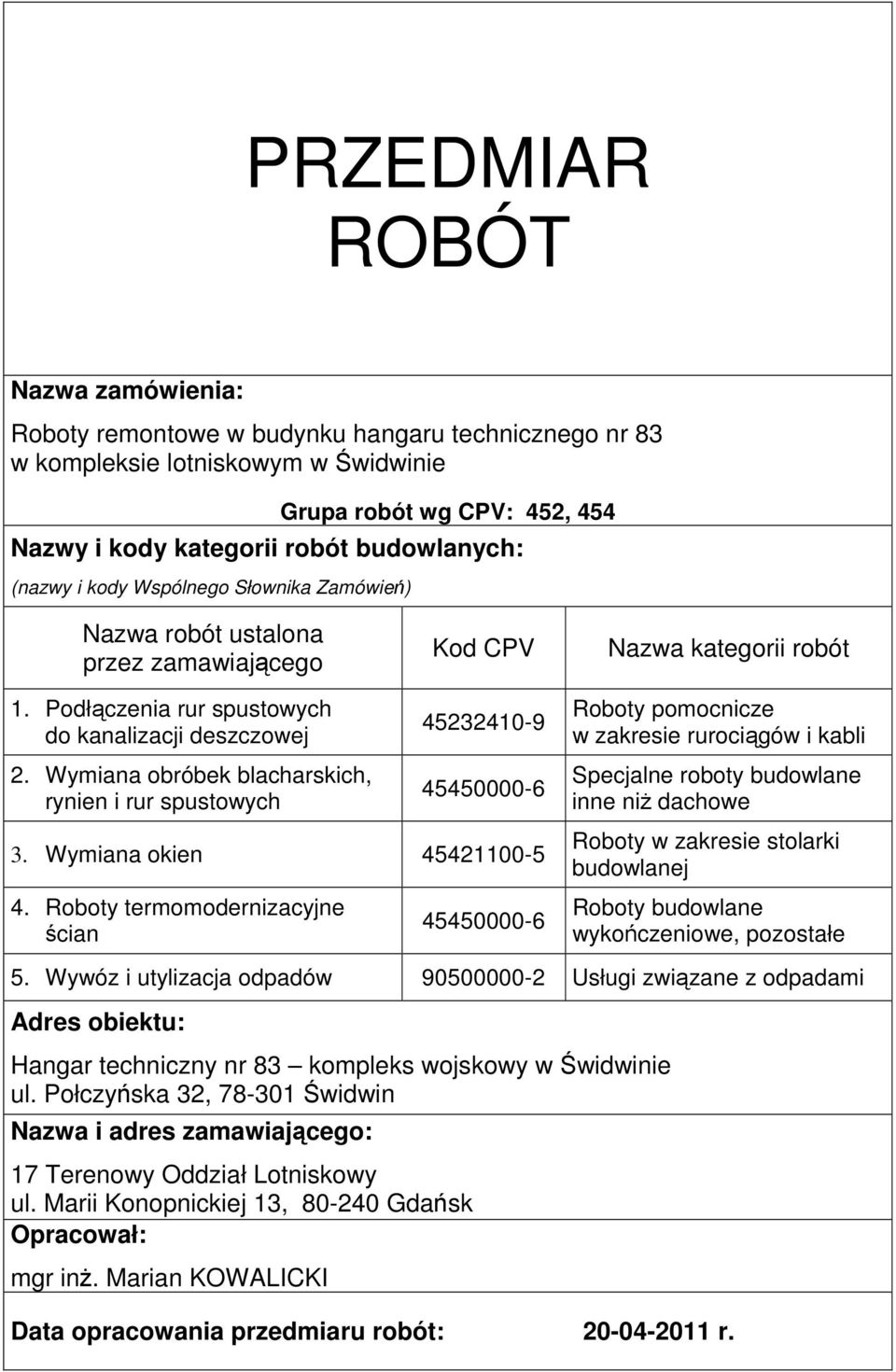 Wyiana obróbek blacharskich, rynien i rur spustowych 45232410-9 45450000-6 3. Wyiana okien 45421100-5 4.