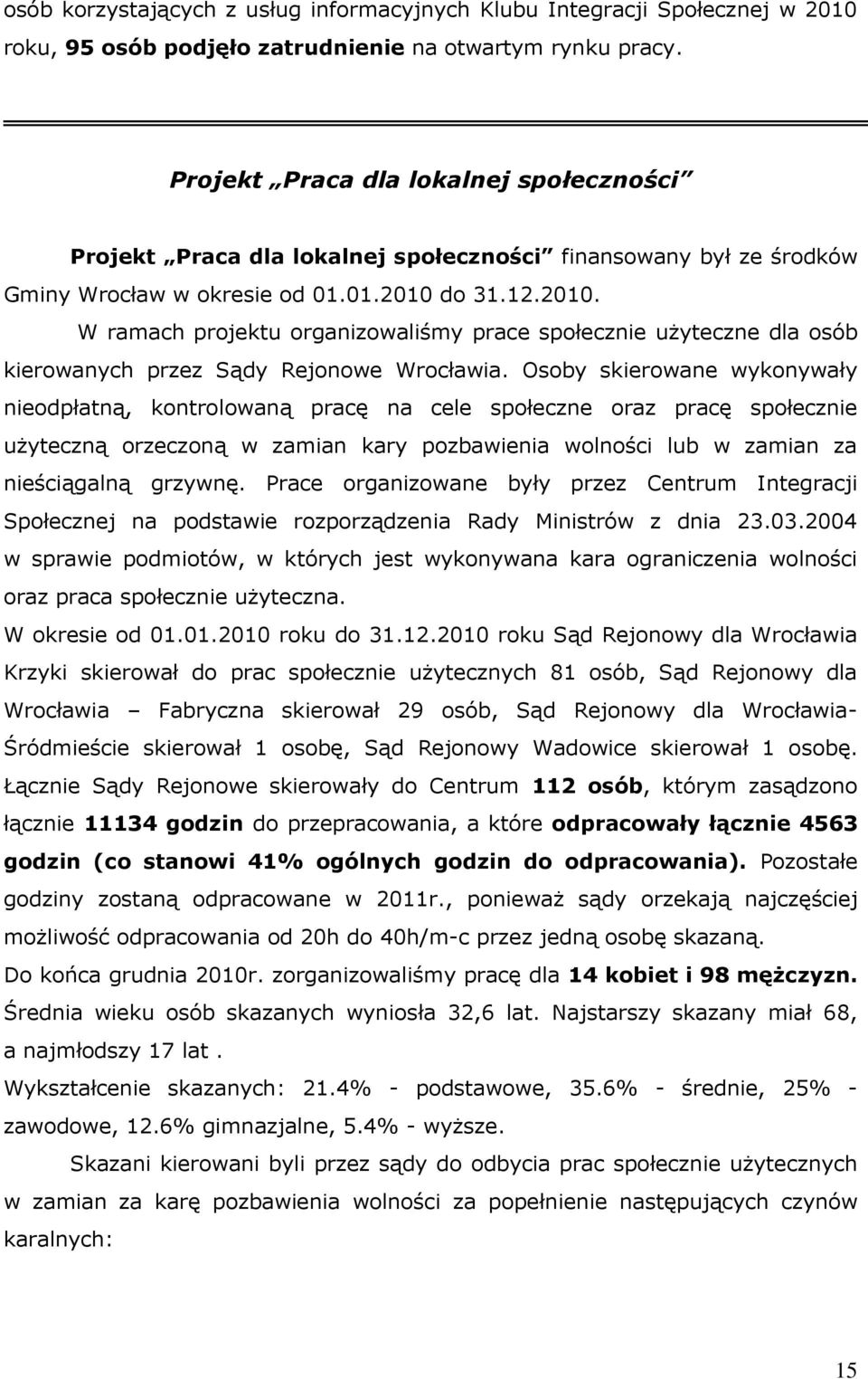 do 31.12.2010. W ramach projektu organizowaliśmy prace społecznie użyteczne dla osób kierowanych przez Sądy Rejonowe Wrocławia.