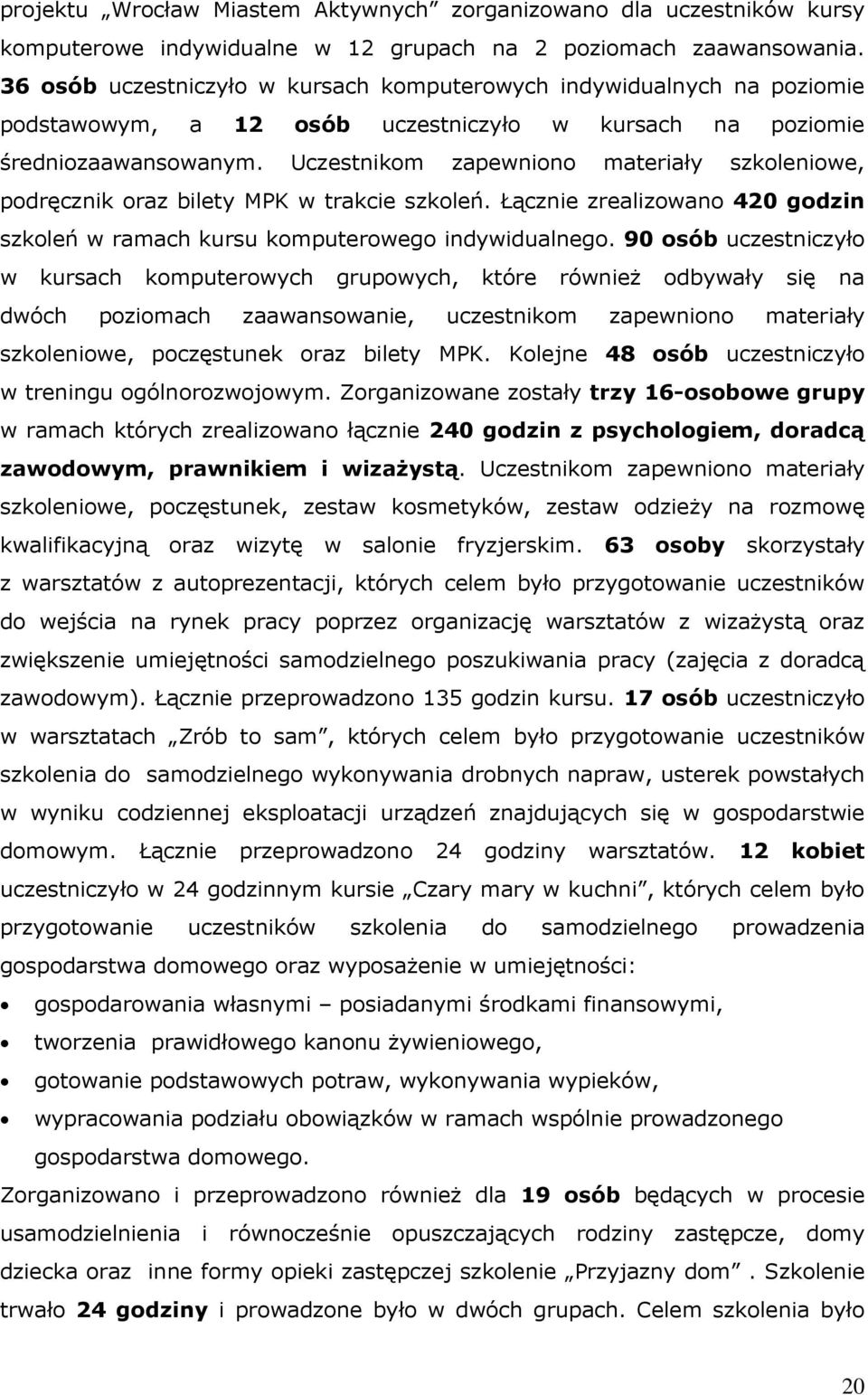 Uczestnikom zapewniono materiały szkoleniowe, podręcznik oraz bilety MPK w trakcie szkoleń. Łącznie zrealizowano 420 godzin szkoleń w ramach kursu komputerowego indywidualnego.