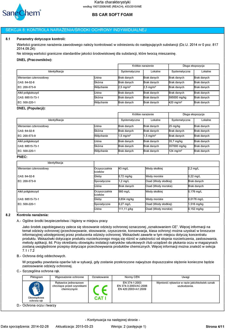 DNEL (Pracowników): Krótkie narażenie Długa ekspozycja Systematyczna Lokalne Systematyczna Lokalne Skórna Wdychanie 2,5 mg/m³ 2,5 mg/m³ Skórna 595000 mg/kg Wdychanie 420 mg/m³ DNEL (Populacji):