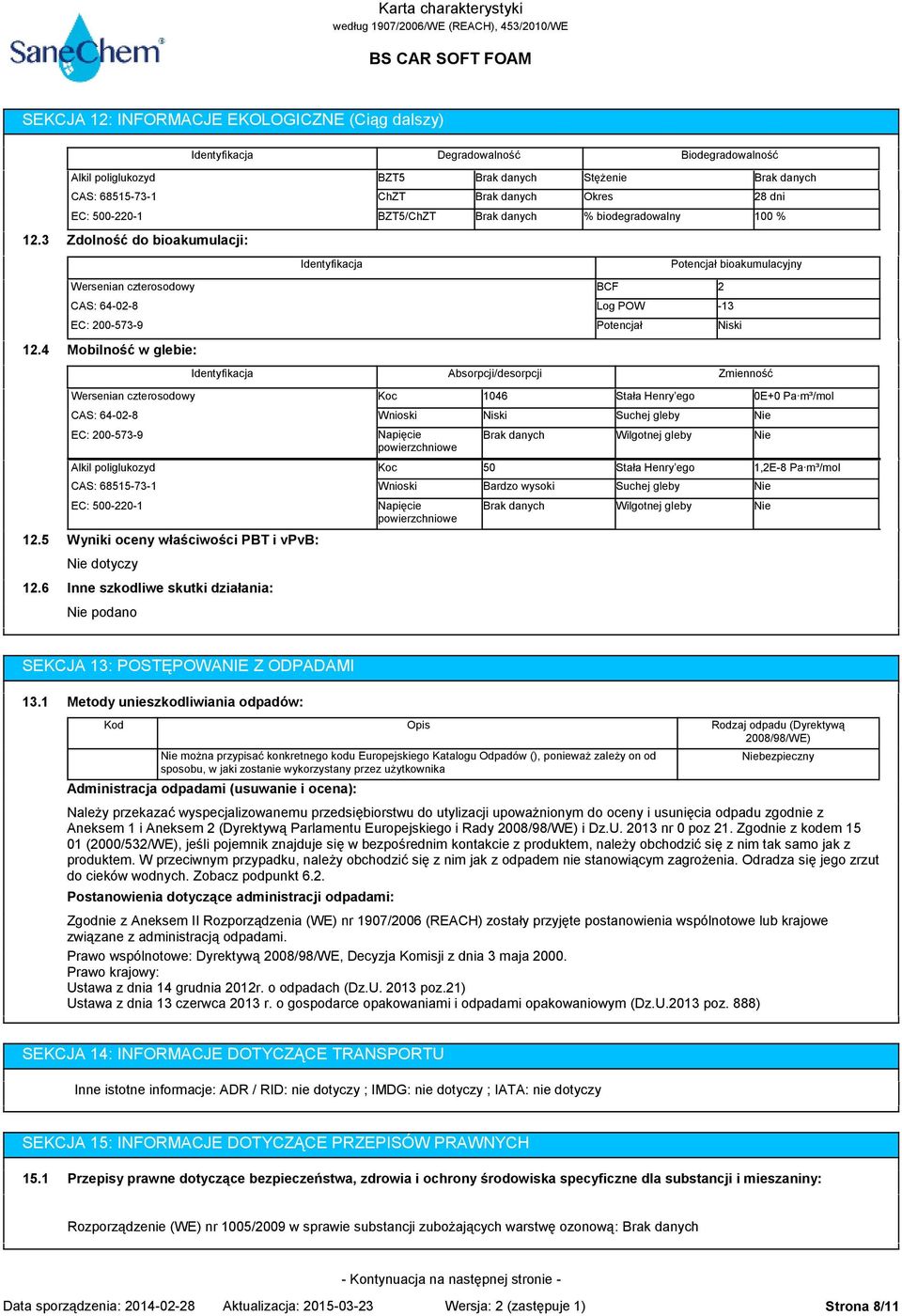 4 Mobilność w glebie: Absorpcji/desorpcji Zmienność Koc 1046 Stała Henry ego 0E+0 Pa m³/mol Wnioski Niski Suchej gleby Nie Napięcie powierzchniowe Wilgotnej gleby Nie Koc 50 Stała Henry ego 1,2E-8 Pa