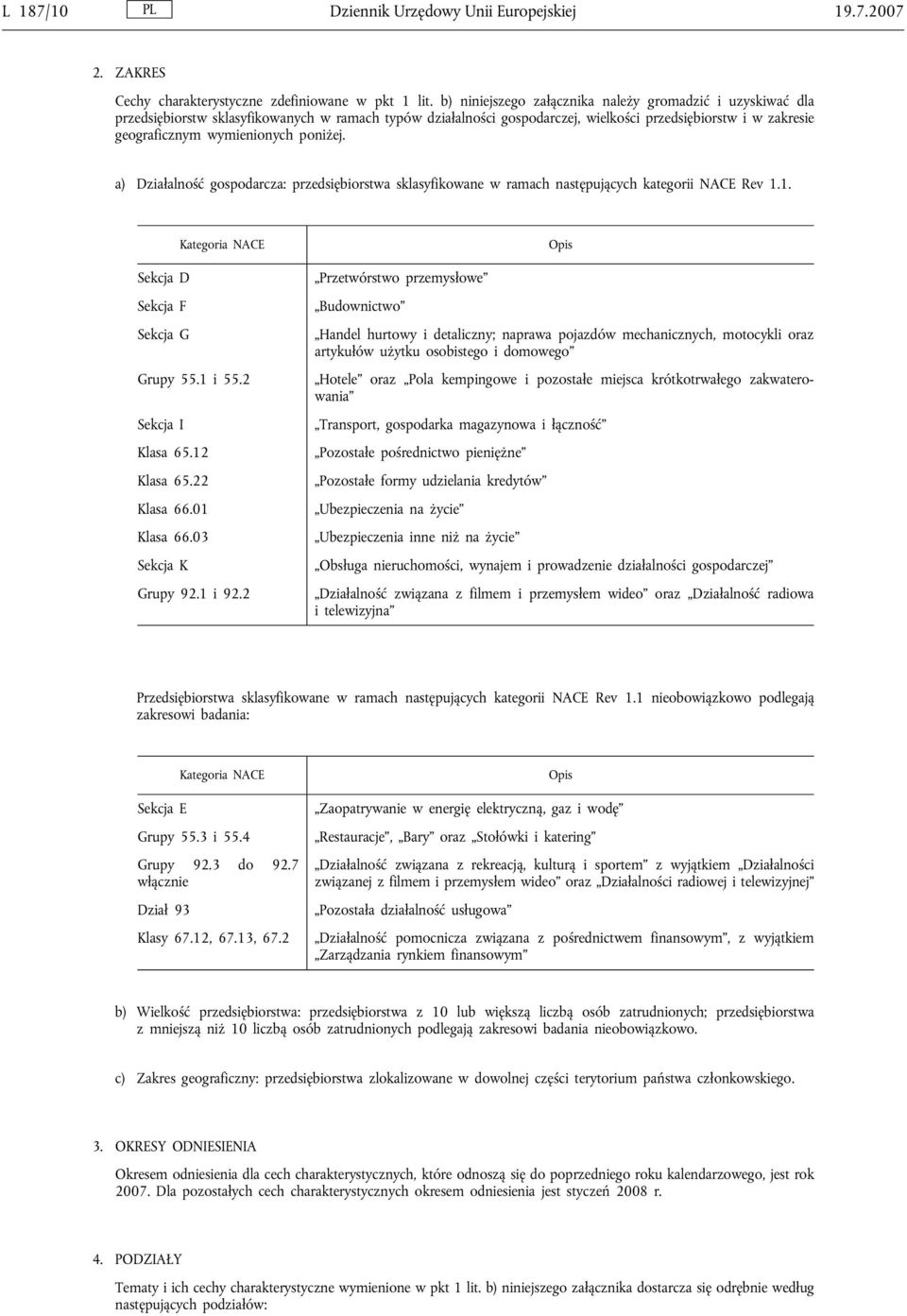 poniżej. a) Działalność gospodarcza: przedsiębiorstwa sklasyfikowane w ramach następujących kategorii NACE Rev 1.1. Kategoria NACE Sekcja D Sekcja F Sekcja G Grupy 55.1 i 55.2 Sekcja I Klasa 65.