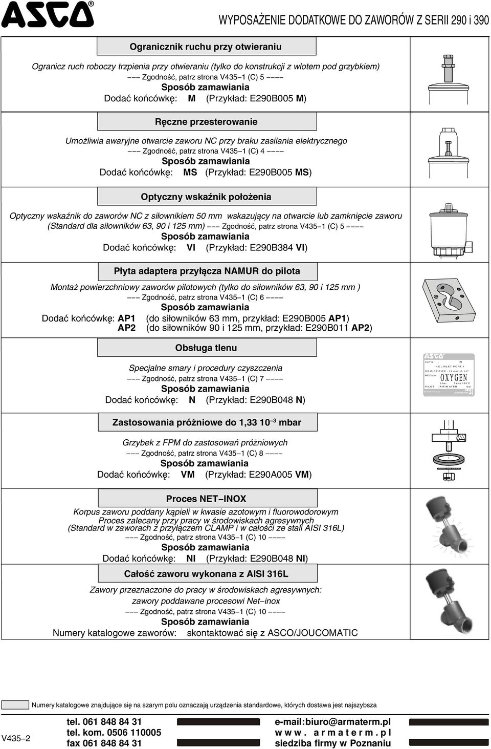 strona V435 (C) 5 Dodać końcówkę: M (Przykład: E90B005 M) Ręczne przesterowanie Umożliwia awaryjne otwarcie zaworu NC przy braku zasilania elektrycznego Zgodność, patrz strona V435 (C) 4 Dodać