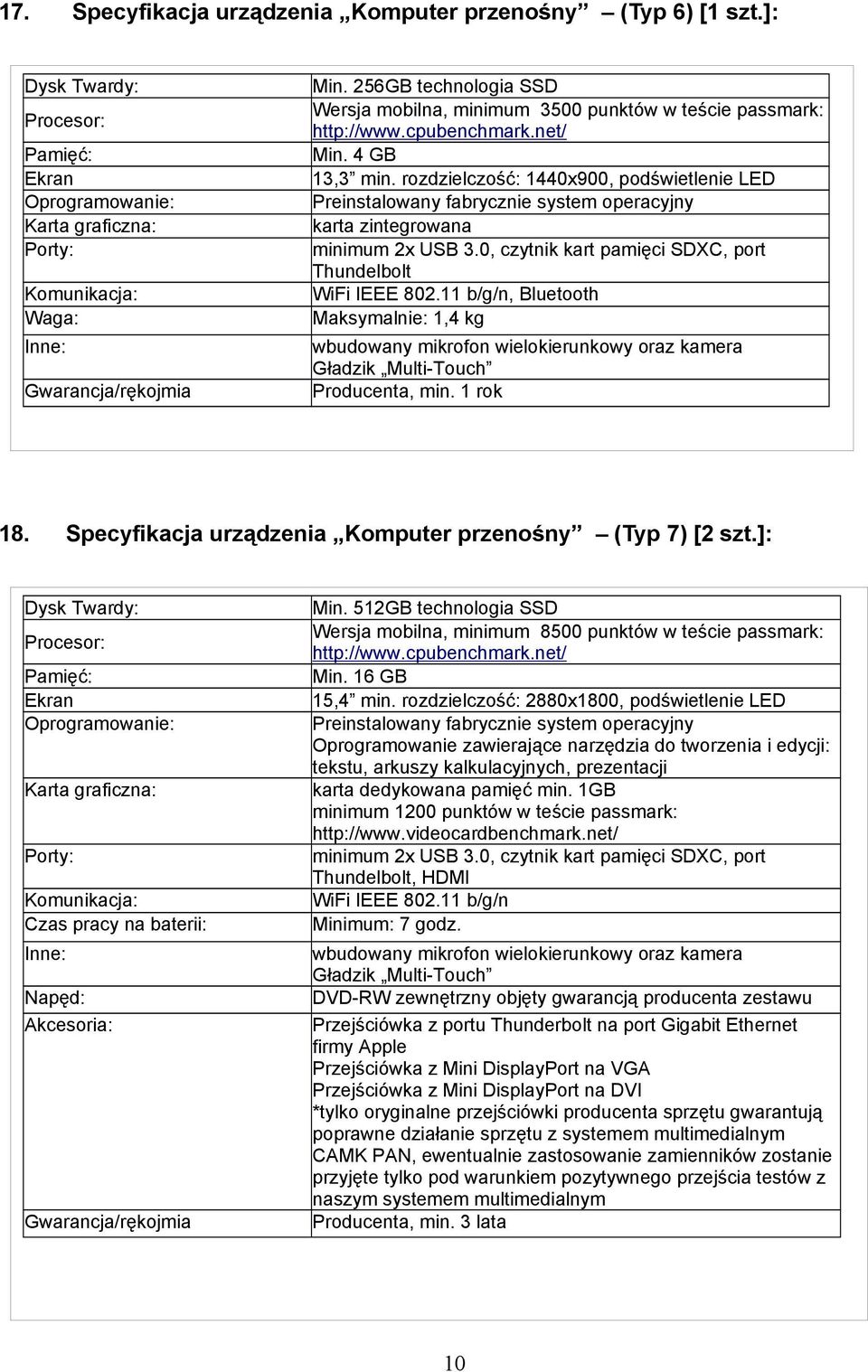 11 b/g/n, Bluetooth Maksymalnie: 1,4 kg wbudowany mikrofon wielokierunkowy oraz kamera Gładzik Multi-Touch Producenta, min. 1 rok 18. Specyfikacja urządzenia Komputer przenośny (Typ 7) [2 szt.