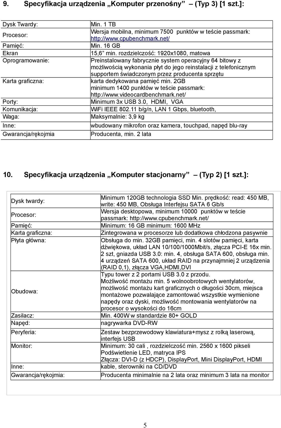 karta dedykowana pamięć min. 2GB minimum 1400 punktów w teście passmark: http://www.videocardbenchmark.net/ Minimum 3x USB 3.0, HDMI, VGA WiFi IEEE 802.