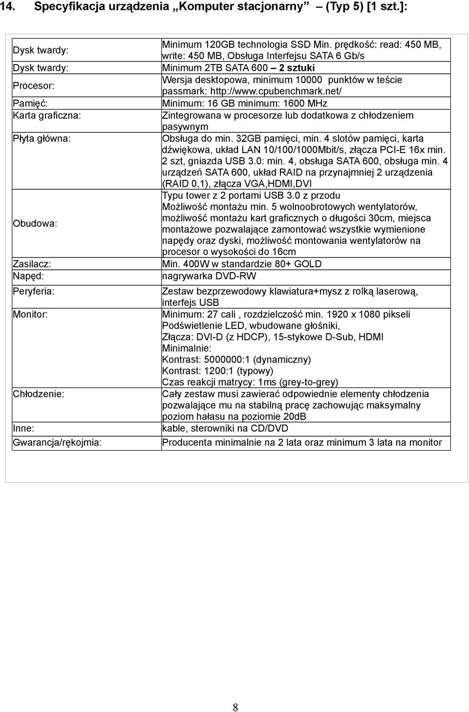 Zintegrowana w procesorze lub dodatkowa z chłodzeniem pasywnym Obsługa do min. 32GB pamięci, min. 4 slotów pamięci, karta dźwiękowa, układ LAN 10/100/1000Mbit/s, złącza PCI-E 16x min.