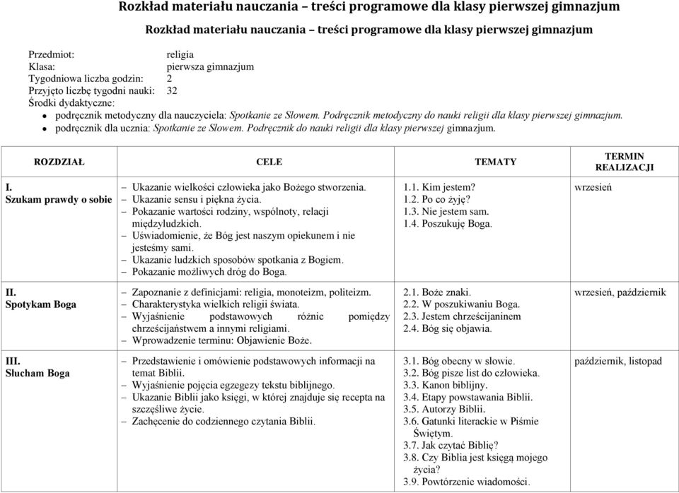 Podręcznik metodyczny do nauki religii dla klasy pierwszej gimnazjum. podręcznik dla ucznia: Spotkanie ze Słowem. Podręcznik do nauki religii dla klasy pierwszej gimnazjum.