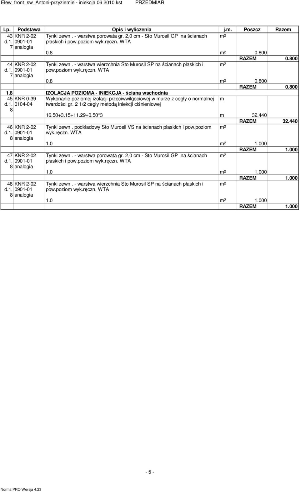 8.8.8 RAZEM.8 1.8 IZOLACJA POZIOMA - INIEKCJA - ściana wschodnia 4 KNR -39 Wykonanie pozioej izolacji przeciwwilgociowej w urze z cegły o noralnej d.1. 14-4 8 twardości gr.