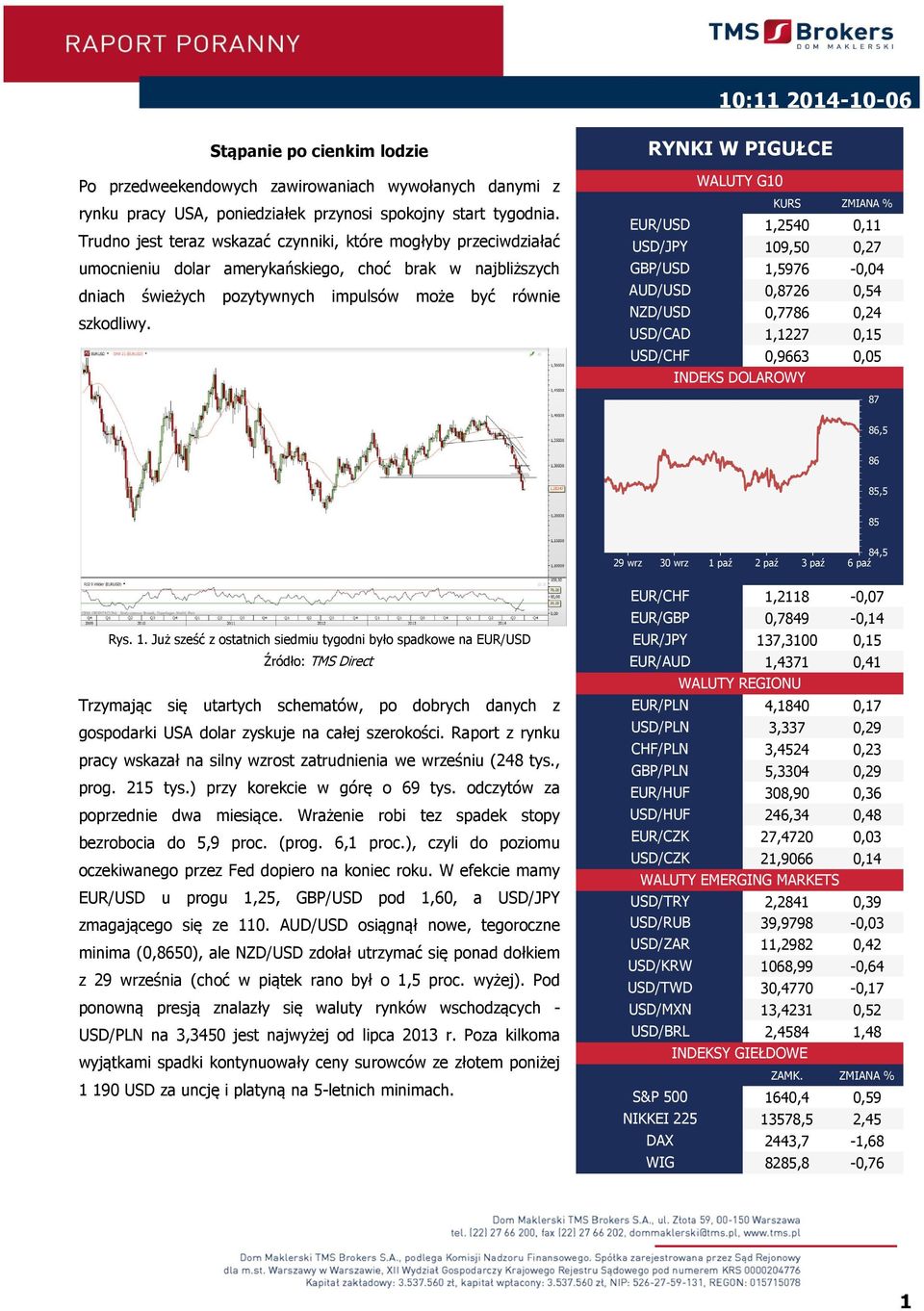 RYNKI W PIGUŁCE WALUTY G KURS ZMIANA % EUR/USD,54, USD/JPY 9,5,7 GBP/USD,5976 -,4 AUD/USD,876,54 NZD/USD,7786,4 USD/CAD,7,5 USD/CHF,966,5 INDEKS DOLAROWY 87 86,5 86 85,5 85 9 wrz wrz paź paź paź 84,5