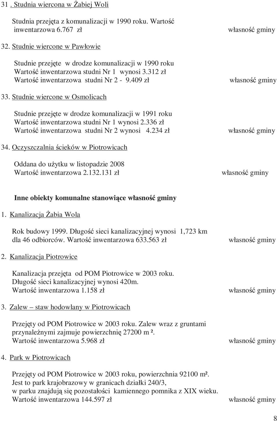 Studnie wiercone w Osmolicach Studnie przej te w drodze komunalizacji w 1991 roku Warto inwentarzowa studni Nr 1 wynosi 2.336 zł Warto inwentarzowa studni Nr 2 wynosi 4.234 zł własno gminy 34.