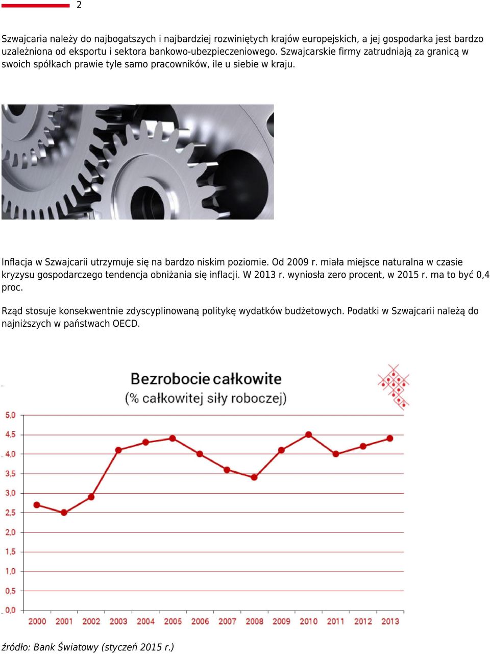 Inflacja w Szwajcarii utrzymuje się na bardzo niskim poziomie. Od 2009 r. miała miejsce naturalna w czasie kryzysu gospodarczego tendencja obniżania się inflacji. W 2013 r.