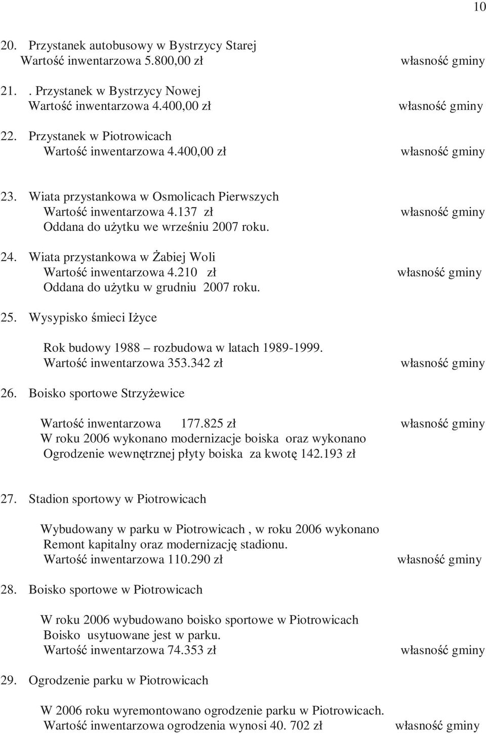 24. Wiata przystankowa w abiej Woli Warto inwentarzowa 4.210 zł własno gminy Oddana do u ytku w grudniu 2007 roku. 25. Wysypisko mieci I yce Rok budowy 1988 rozbudowa w latach 1989-1999.