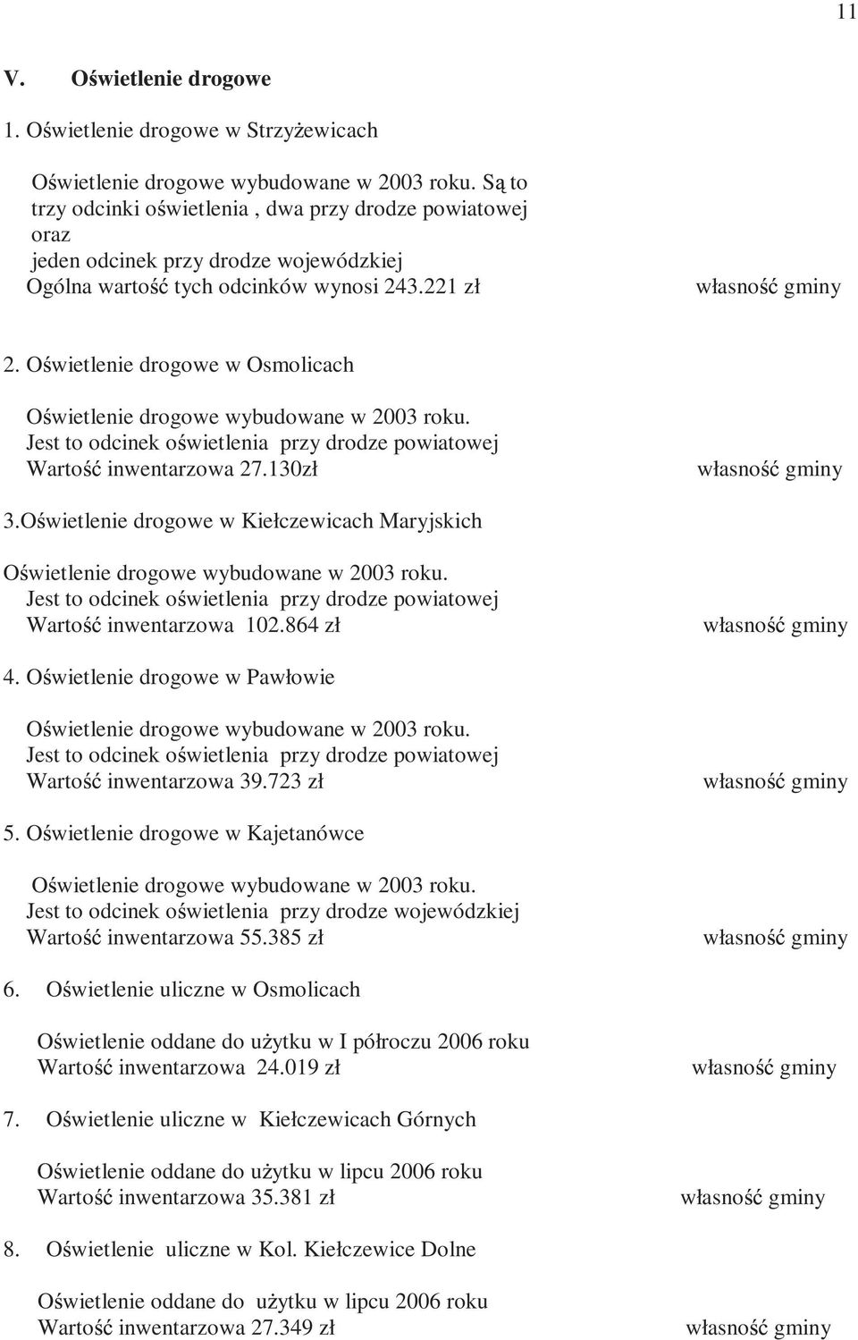 O wietlenie drogowe w Osmolicach O wietlenie drogowe wybudowane w 2003 roku. Jest to odcinek o wietlenia przy drodze powiatowej Warto inwentarzowa 27.130zł własno gminy 3.