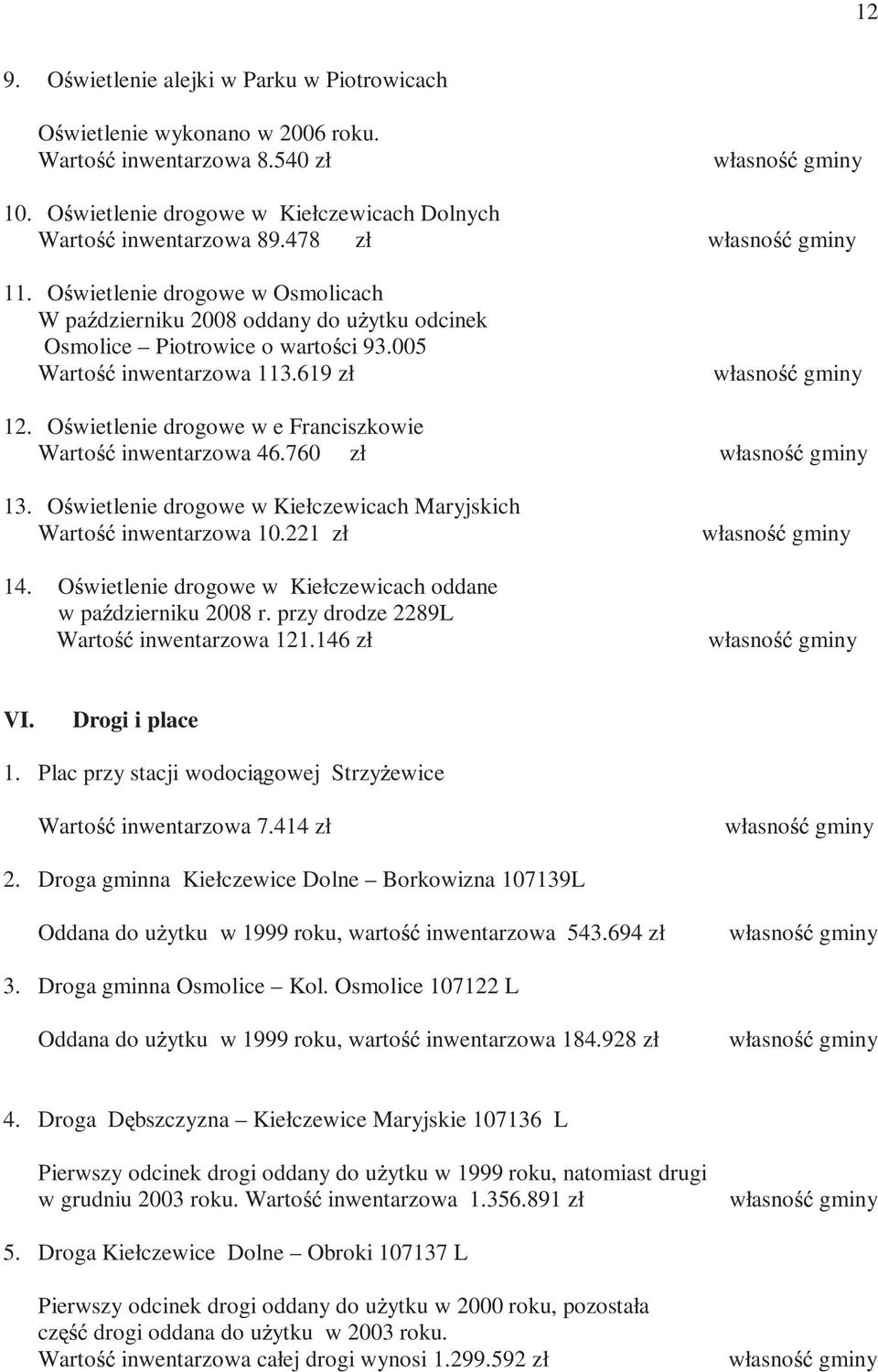 O wietlenie drogowe w e Franciszkowie Warto inwentarzowa 46.760 zł własno gminy 13. O wietlenie drogowe w Kiełczewicach Maryjskich Warto inwentarzowa 10.221 zł własno gminy 14.