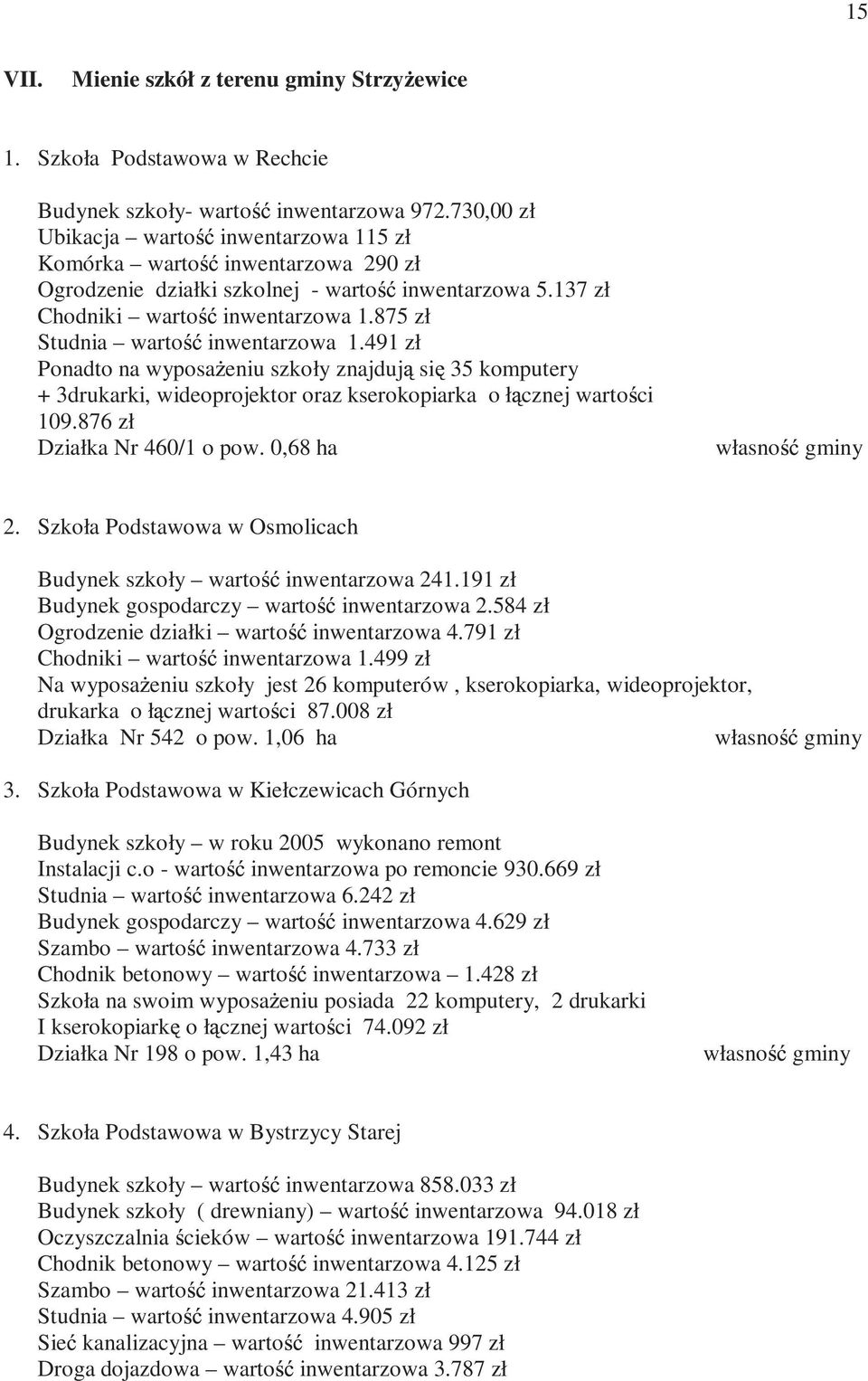 875 zł Studnia warto inwentarzowa 1.491 zł Ponadto na wyposa eniu szkoły znajduj si 35 komputery + 3drukarki, wideoprojektor oraz kserokopiarka o ł cznej warto ci 109.876 zł Działka Nr 460/1 o pow.