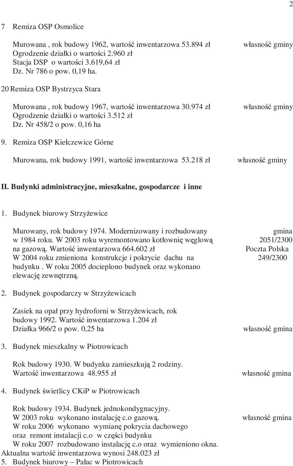 Remiza OSP Kiełczewice Górne Murowana, rok budowy 1991, warto inwentarzowa 53.218 zł własno gminy II. Budynki administracyjne, mieszkalne, gospodarcze i inne 1.