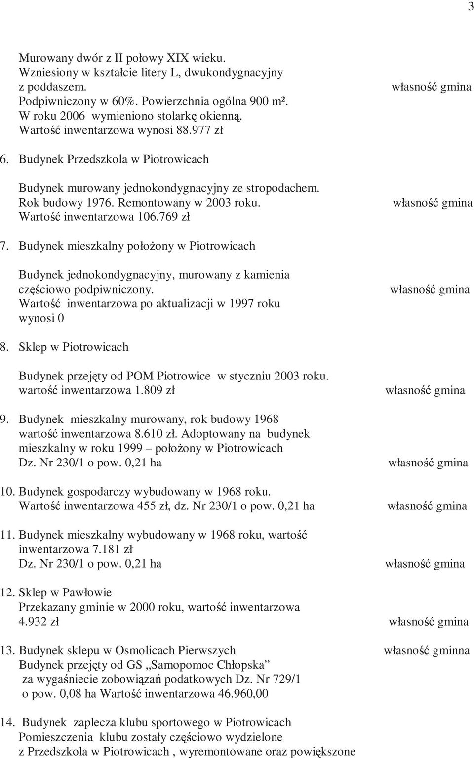 Remontowany w 2003 roku. własno gmina Warto inwentarzowa 106.769 zł 7. Budynek mieszkalny poło ony w Piotrowicach Budynek jednokondygnacyjny, murowany z kamienia cz ciowo podpiwniczony.