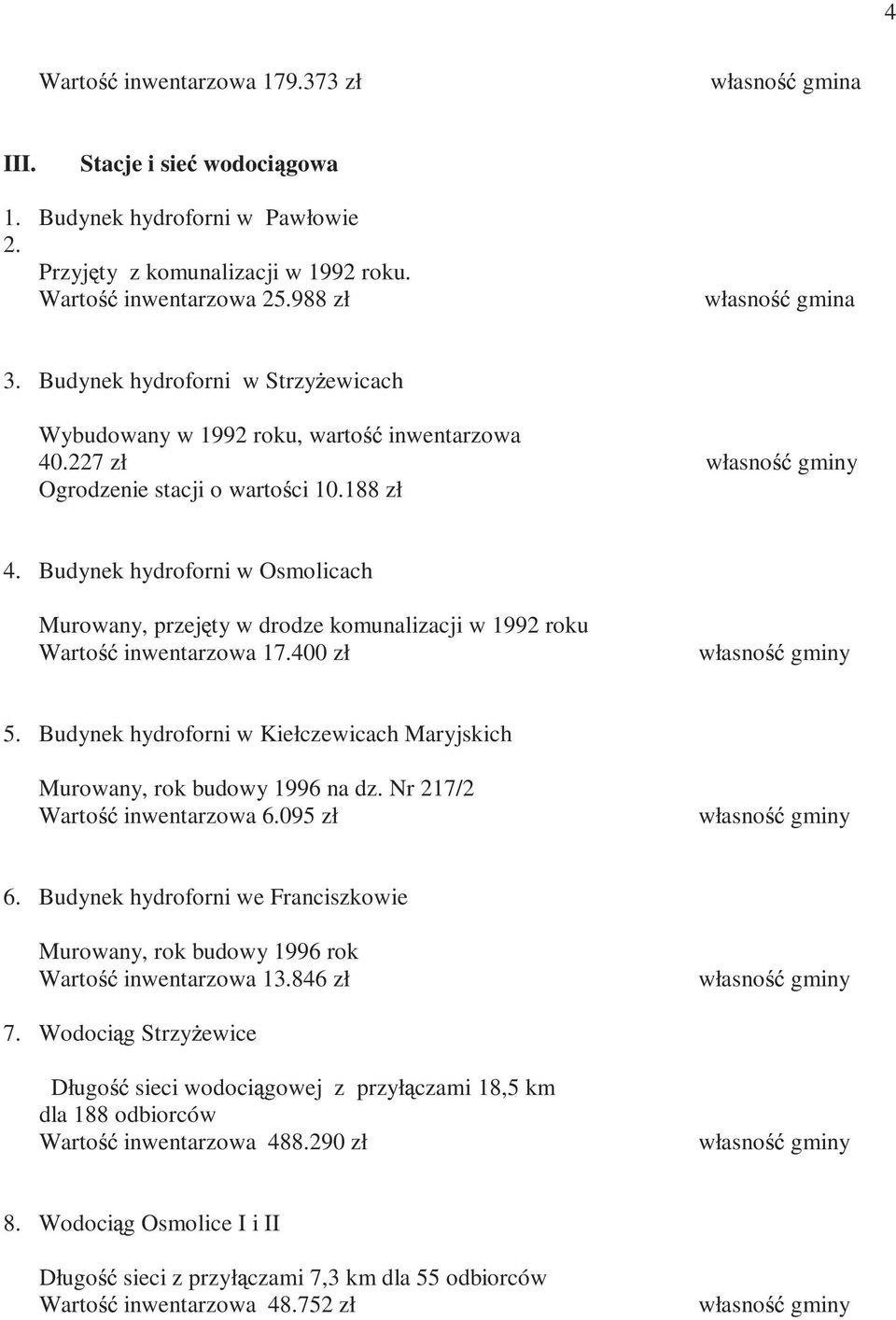 Budynek hydroforni w Osmolicach Murowany, przej ty w drodze komunalizacji w 1992 roku Warto inwentarzowa 17.400 zł własno gminy 5.