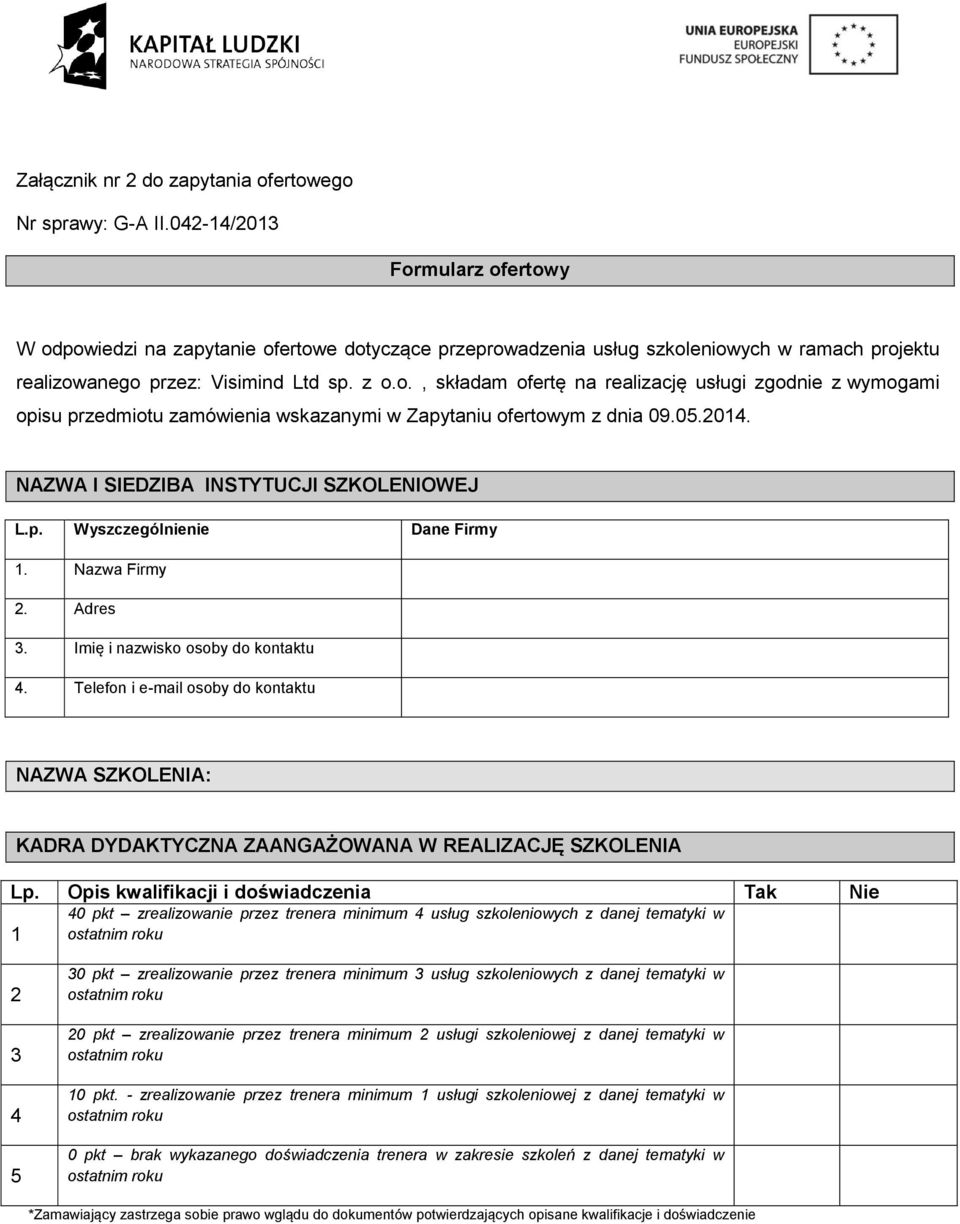 05.2014. NAZWA I SIEDZIBA INSTYTUCJI SZKOLENIOWEJ L.p. Wyszczególnienie Dane Firmy 1. Nazwa Firmy 2. Adres 3. Imię i nazwisko osoby do kontaktu 4.