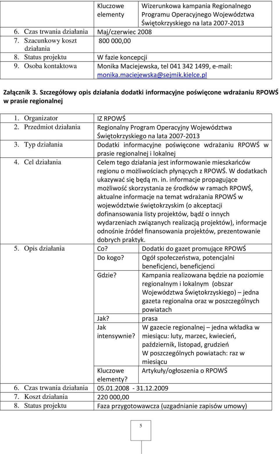 Szczegółowy opis działania dodatki informacyjne poświęcone wdrażaniu RPOWŚ w prasie regionalnej 1. Organizator IZ RPOWŚ 2.