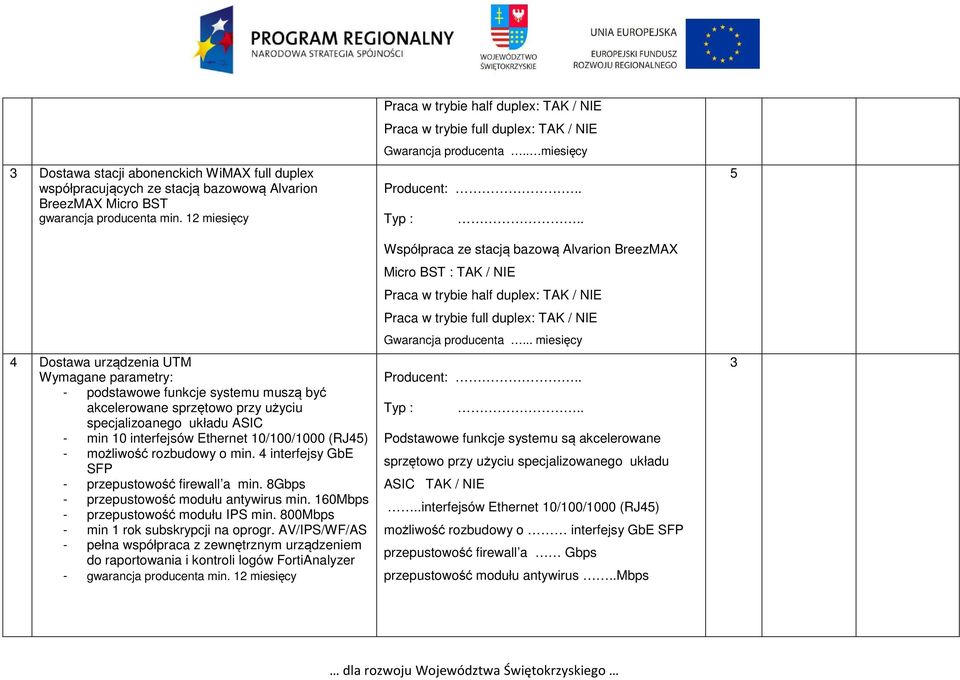 rozbudowy o min. 4 interfejsy GbE SFP - przepustowość firewall a min. 8Gbps - przepustowość modułu antywirus min. 60Mbps - przepustowość modułu IPS min. 800Mbps - min rok subskrypcji na oprogr.