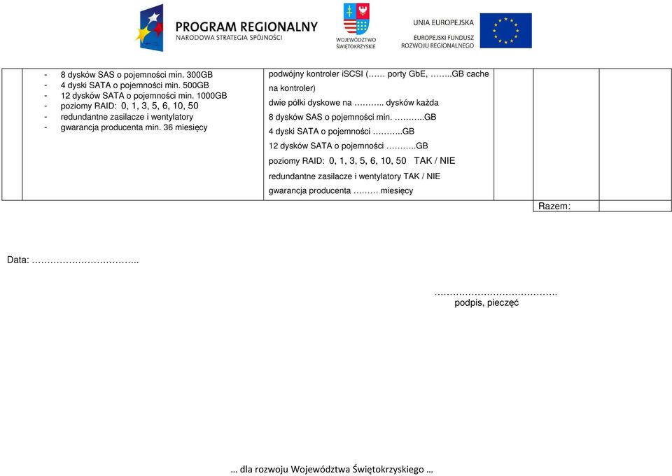 36 miesięcy podwójny kontroler iscsi ( porty GbE,..GB cache na kontroler) dwie półki dyskowe na.. dysków każda 8 dysków SAS o pojemności min.