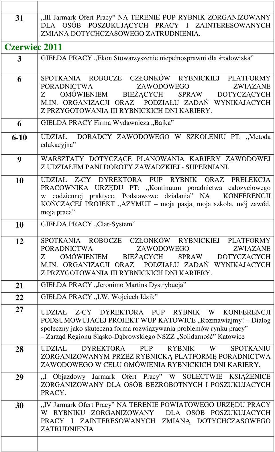 DOTYCZĄCYCH M.IN. ORGANIZACJI ORAZ PODZIAŁU ZADAŃ WYNIKAJĄCYCH Z PRZYGOTOWANIA III RYBNICKICH DNI KARIERY. 6 GIEŁDA PRACY Firma Wydawnicza Bajka 6-10 UDZIAŁ DORADCY ZAWODOWEGO W SZKOLENIU PT.